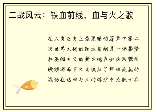 二战风云：铁血前线，血与火之歌