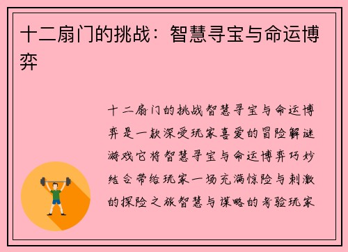十二扇门的挑战：智慧寻宝与命运博弈