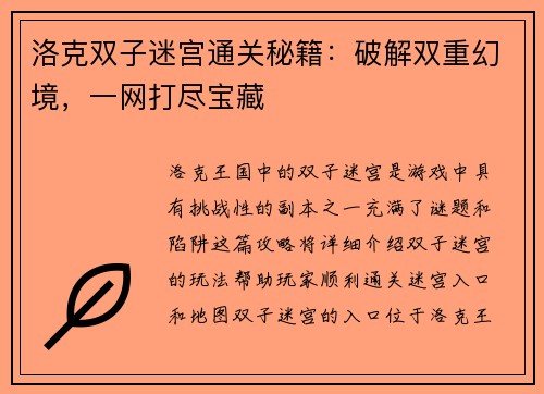 洛克双子迷宫通关秘籍：破解双重幻境，一网打尽宝藏