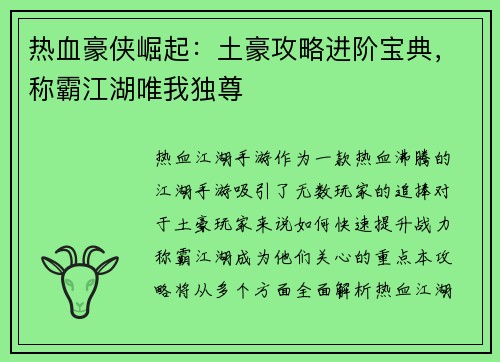 热血豪侠崛起：土豪攻略进阶宝典，称霸江湖唯我独尊