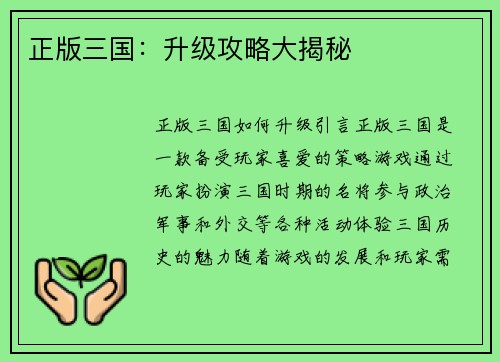 正版三国：升级攻略大揭秘