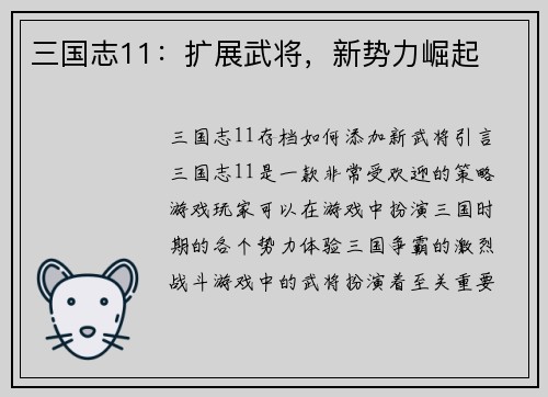 三国志11：扩展武将，新势力崛起